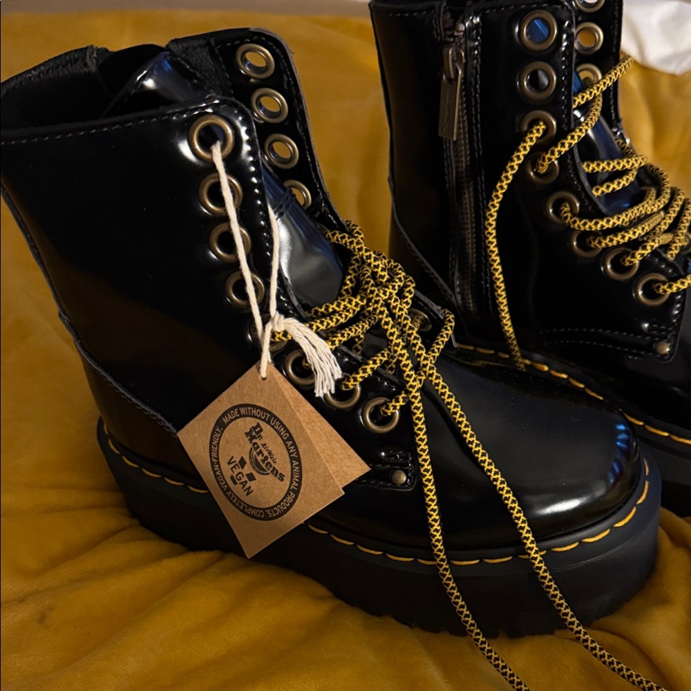 Dr. Martens Shiny Black Boots with Yellow Laces